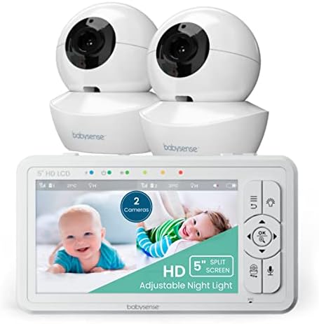 Babysense 5″ HD Split-Screen Baby Monitor, Video Baby Monitor with 2 Cameras and Audio, Night Light, 1000ft Range, Two-Way Audio, 4X Zoom, Night Vision, 4000mAh Battery